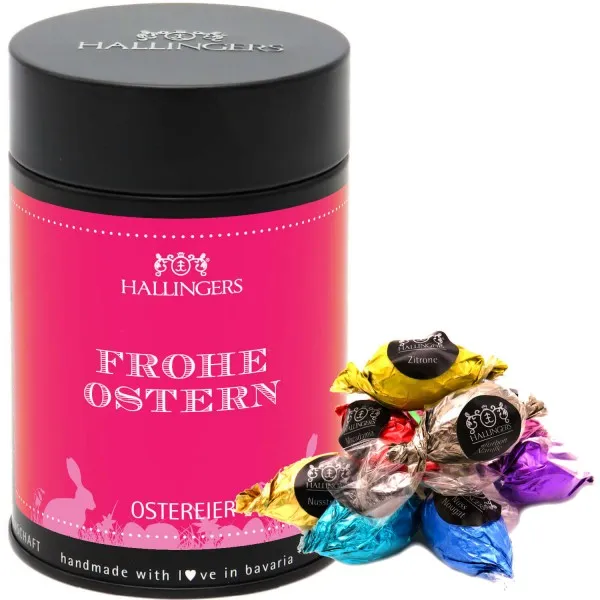 Frohe Ostern Pink (Premiumdose) - Ostergeschenke für Osterkörbchen zu Ostern, Pralinen Ostereier handmade ohne Alkohol (170g)