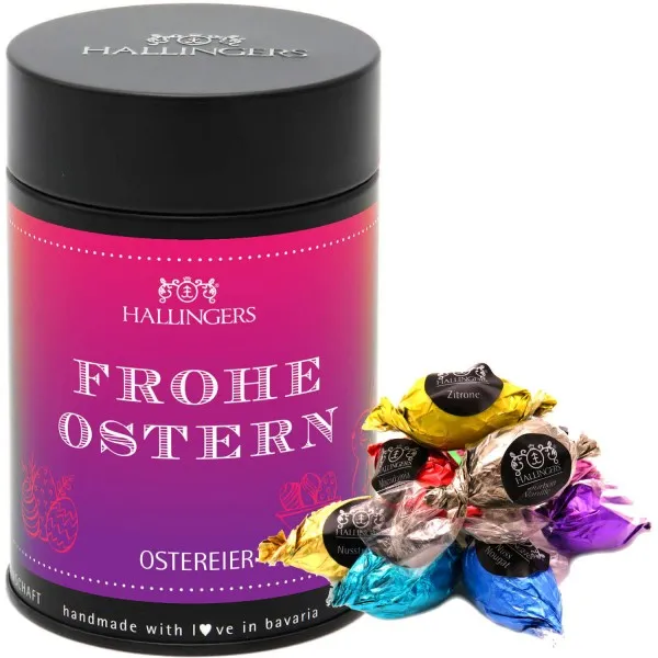 Frohe Ostern (Premiumdose) - Ostergeschenke für Osterkörbchen zu Ostern, Pralinen Ostereier handmade ohne Alkohol (170g)