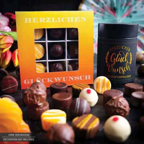 Herzlichen Glückwunsch (Premiumdose) - Manufaktur Pralinen Geschenk handmade ohne Alkohol aus Edelkakao Schokolade (150g)