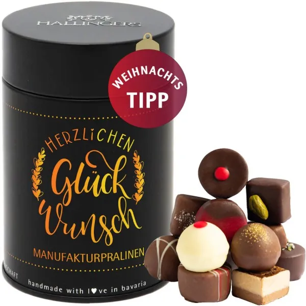 Herzlichen Glückwunsch (Premiumdose) - Manufaktur Pralinen Geschenk handmade ohne Alkohol aus Edelkakao Schokolade (150g)