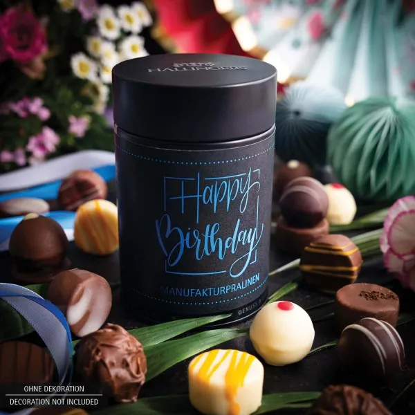 Happy Birthday (Premiumdose) - Manufaktur Pralinen Geschenk handmade ohne Alkohol aus Edelkakao Schokolade (150g)