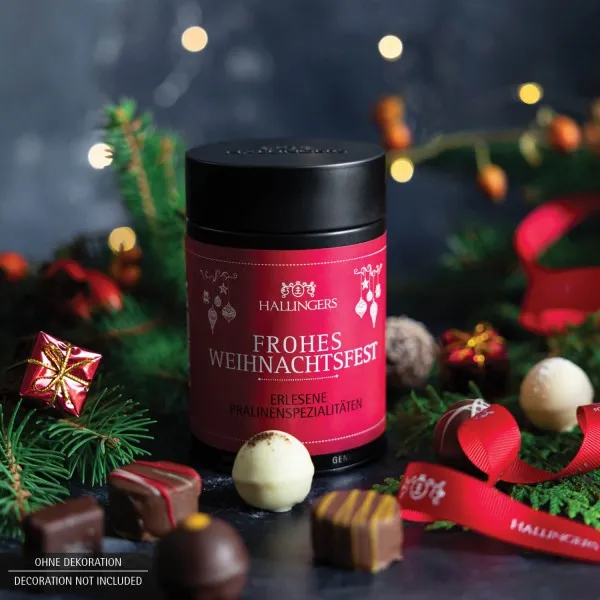 Frohes Weihnachtsfest (Premiumdose) - Manufaktur Pralinen Geschenk handmade ohne Alkohol aus Edelkakao Schokolade (150g)