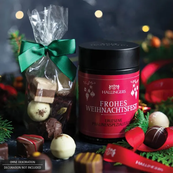 Frohes Weihnachtsfest (Premiumdose) - Manufaktur Pralinen Geschenk handmade ohne Alkohol aus Edelkakao Schokolade (150g)