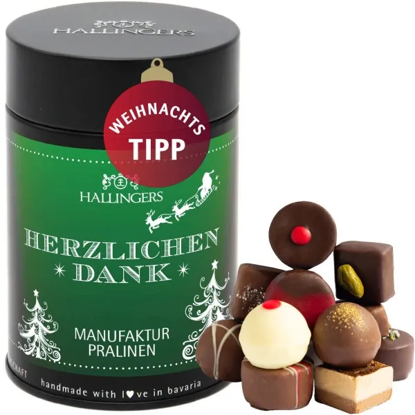 Herzlichen Dank Christmas (Premiumdose) - Manufaktur Pralinen Geschenk handmade ohne Alkohol aus Edelkakao Schokolade (150g)