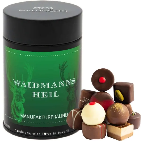 Waidmannsheil (Premiumdose) - Manufaktur Pralinen Geschenk handmade ohne Alkohol aus Edelkakao Schokolade (150g)