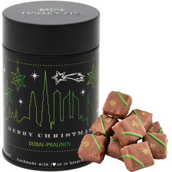 Dubai Pralinen Merry Christmas (Premiumdose) - Manufaktur Dubai Pralinen Geschenk handmade ohne Alkohol aus Edelkakao Dubai Schokolade (150g)