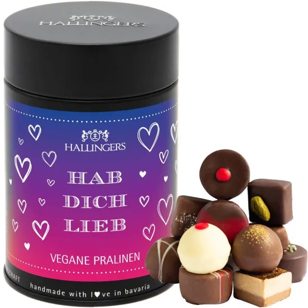 Hab Dich Lieb (Premiumdose) - Vegane Manufaktur Pralinen Geschenk handmade teils mit Alkohol aus veganer Schokolade (150g)