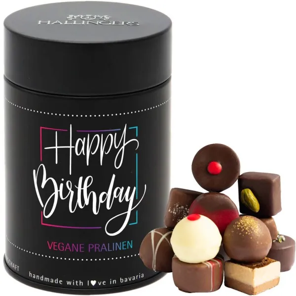 Happy Birthday (Premiumdose) - Vegane Manufaktur Pralinen Geschenk handmade teils mit Alkohol aus veganer Schokolade (150g)