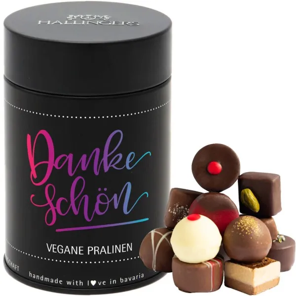 Dankeschön (Premiumdose) - Vegane Manufaktur Pralinen Geschenk handmade teils mit Alkohol aus veganer Schokolade (150g)