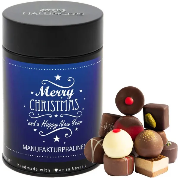 Merry Christmas & A Happy New Year (Premiumdose) - Manufaktur Pralinen Geschenk handmade ohne Alkohol aus Edelkakao Schokolade (150g)