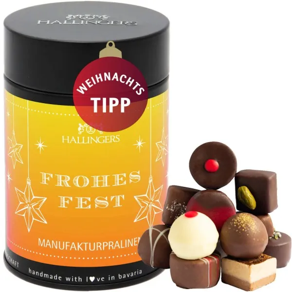 Frohes Fest (Premiumdose) - Manufaktur Pralinen Geschenk handmade ohne Alkohol aus Edelkakao Schokolade (150g)