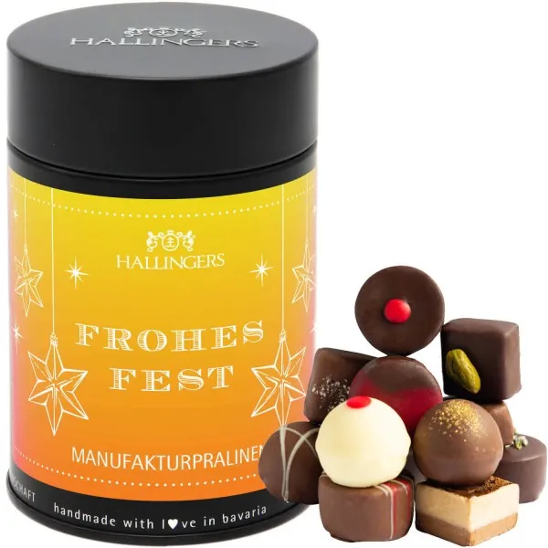 Frohes Fest (Premiumdose) - Manufaktur Pralinen Geschenk handmade ohne Alkohol aus Edelkakao Schokolade (150g)