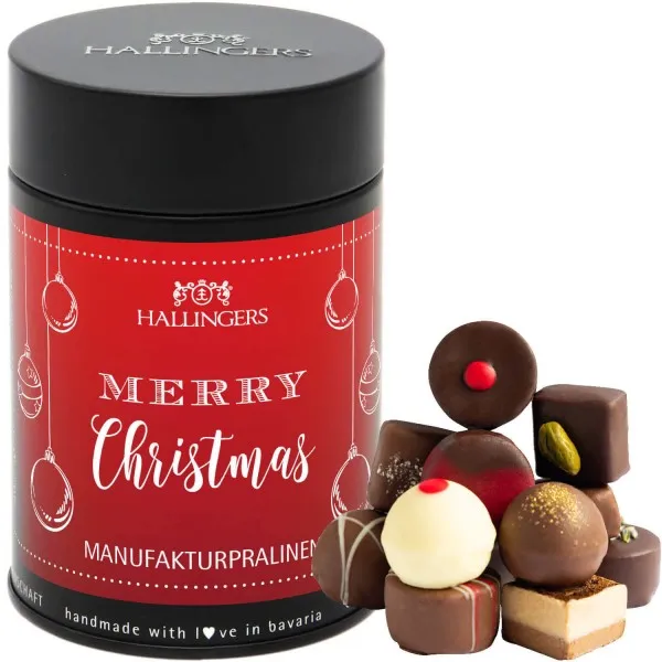 Merry Christmas (Premiumdose) - Manufaktur Pralinen Geschenk handmade ohne Alkohol aus Edelkakao Schokolade (150g)