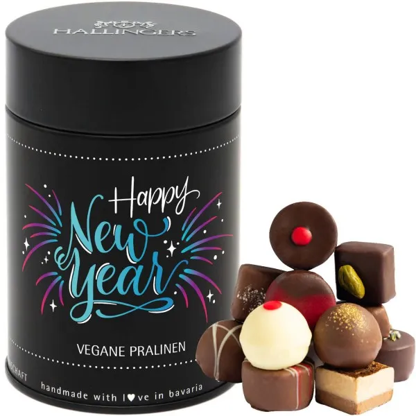 Happy New Year - vegan (Premiumdose) - Vegane Manufaktur Pralinen Geschenk handmade teils mit Alkohol aus veganer Schokolade (150g)