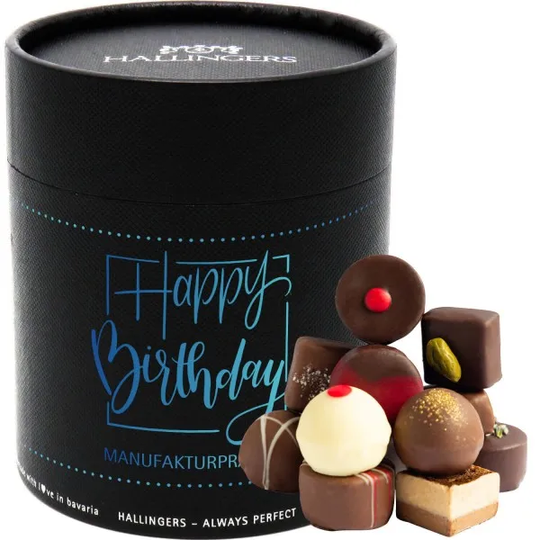 Happy Birthday XXL (Naschdose) - Manufaktur Pralinen Geschenk handmade ohne Alkohol aus Edelkakao Schokolade (500g)
