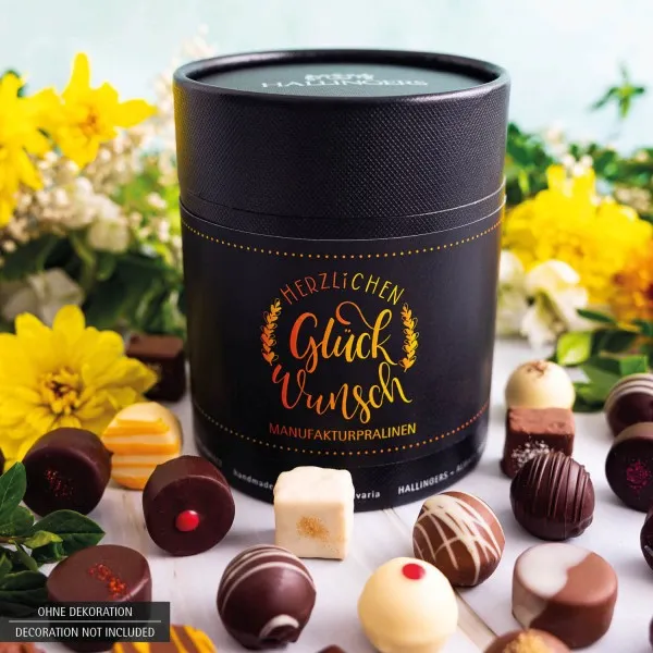 Herzlichen Glückwunsch (Naschdose) - Manufaktur Pralinen Geschenk handmade ohne Alkohol aus Edelkakao Schokolade (500g)
