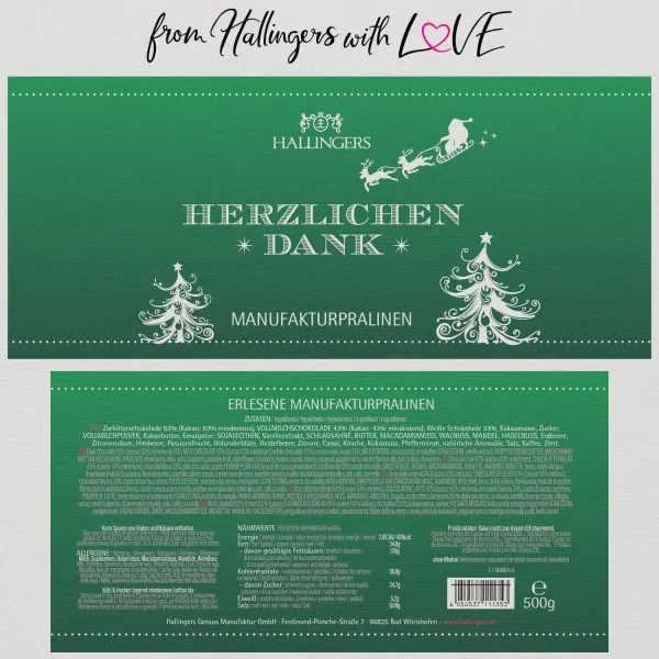 Herzlichen Dank - Christmas XXL (Naschdose) - Manufaktur Pralinen Geschenk handmade ohne Alkohol aus Edelkakao Schokolade (500g)