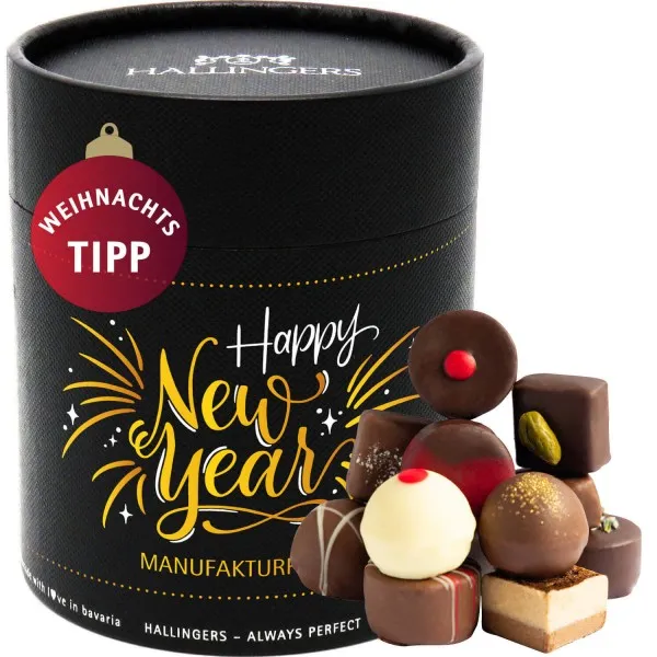 Happy New Year XXL (Naschdose) - Manufaktur Pralinen Geschenk handmade ohne Alkohol aus Edelkakao Schokolade (500g)