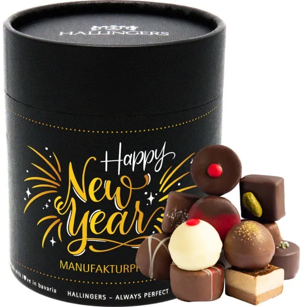 Happy New Year XXL (Naschdose) - Manufaktur Pralinen Geschenk handmade ohne Alkohol aus Edelkakao Schokolade (500g)