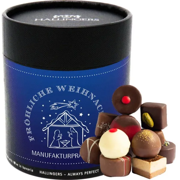 Fröhliche Weihnachten (Naschdose) - Weihnachten Manufaktur Pralinen Geschenk handmade ohne Alkohol aus Edelkakao Schokolade (500g)