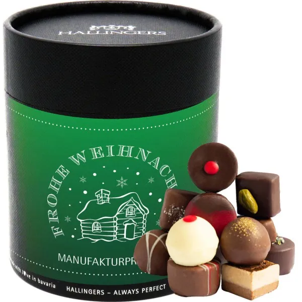 Frohe Weihnachten - Green (Naschdose) - Weihnachten Manufaktur Pralinen Geschenk handmade ohne Alkohol aus Edelkakao Schokolade (500g)