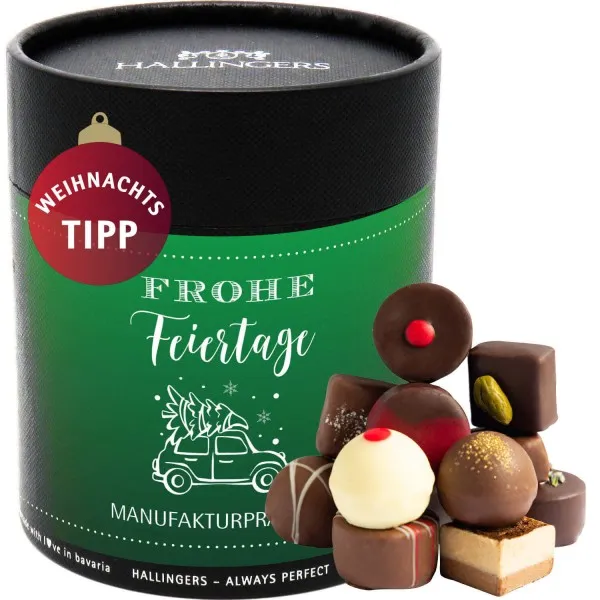 Frohe Feiertage (Naschdose) - Weihnachten Manufaktur Pralinen Geschenk handmade ohne Alkohol aus Edelkakao Schokolade (500g)