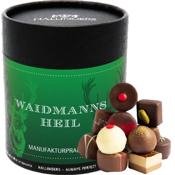 Waidmannsheil XXL (Naschdose) - Manufaktur Pralinen Geschenk handmade teils mit Alkohol aus Edelkakao Schokolade (500g)