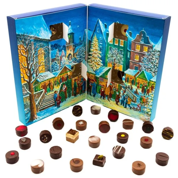 Weihnachtsmarkt (Buch-Karton) - Adventskalender Pralinen Geschenk handmade ohne Alkohol aus Edelkakao Schokolade (300g)