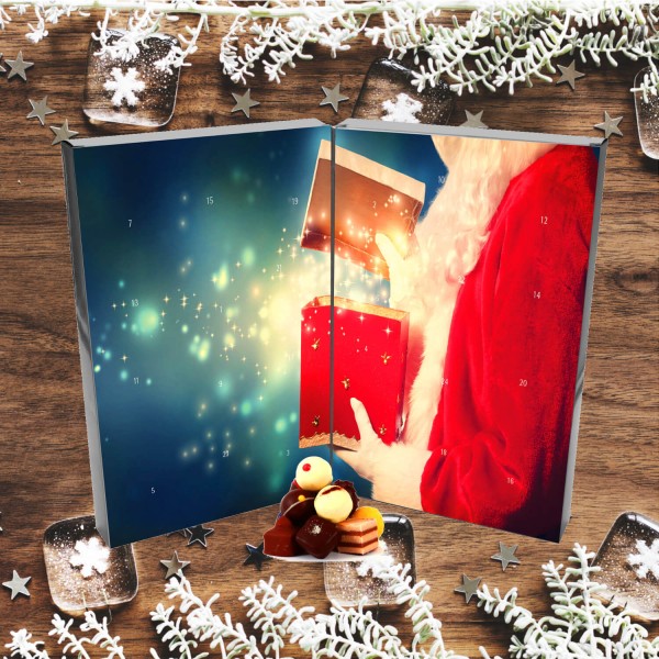 24 handgemachte Pralinen Adventskalender, teilweise mit Alkohol (300g) - Santa (Buch-Karton)