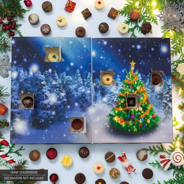 Waldweihnacht (Buch-Karton) - Adventskalender Pralinen Geschenk handmade ohne Alkohol aus Edelkakao Schokolade (300g)