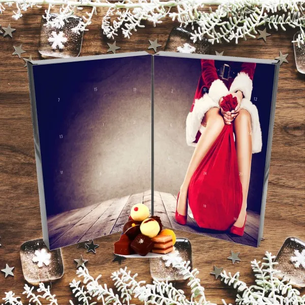 Mrs. Santa (Buch-Karton) - Adventskalender Pralinen Geschenk handmade teils mit Alkohol aus Edelkakao Schokolade (300g)