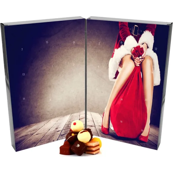 Pralinen Adventskalender handmade, teilweise mit Alkohol (300g) - Mrs. Santa (Buch-Karton)