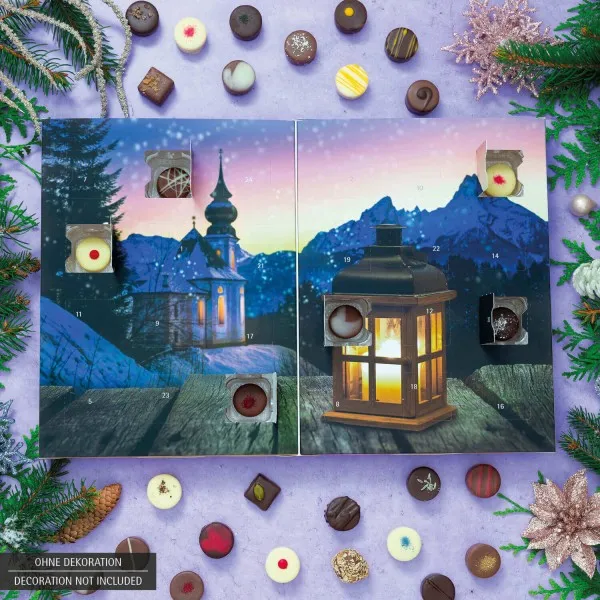 Bergkirche (Buch-Karton) - Adventskalender Pralinen Geschenk handmade teils mit Alkohol aus Edelkakao Schokolade (300g)