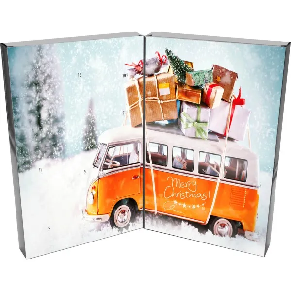 Retrobus (Buch-Karton) - Adventskalender Pralinen Geschenk handmade teils mit Alkohol aus Edelkakao Schokolade (300g)