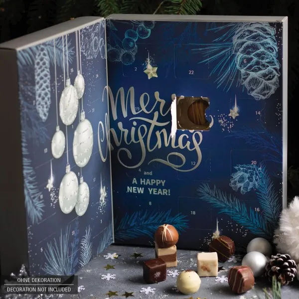 Pralinen Adventskalender handmade, teilweise mit Alkohol (300g) - Blue Christmas (Buch-Karton)