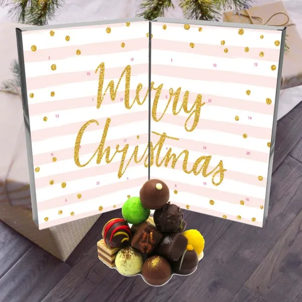 Rosa Weihnachten (Buch-Karton) - Adventskalender Pralinen Geschenk handmade ohne Alkohol aus Edelkakao Schokolade (300g)
