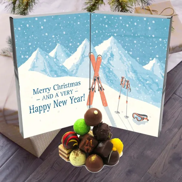 Retro Ski (Buch-Karton) - Adventskalender Pralinen Geschenk handmade ohne Alkohol aus Edelkakao Schokolade (300g)