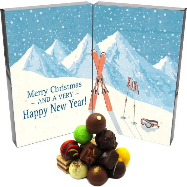 Pralinen Adventskalender handmade, ganz ohne Alkohol (300g) - Retro Ski (Buch-Karton)