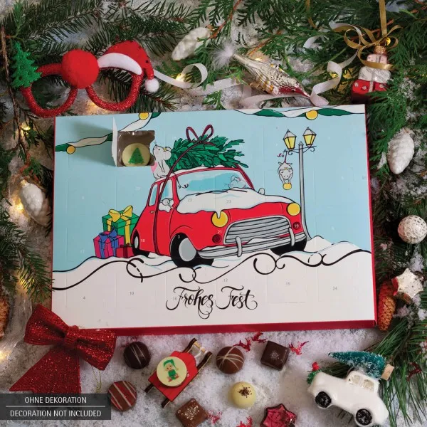 Christmas Car (Advents-Karton) - Adventskalender Pralinen Geschenk handmade ohne Alkohol aus Edelkakao Schokolade (300g)
