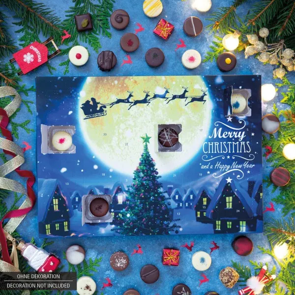 Magische Reise (Advents-Karton) - Adventskalender Pralinen Geschenk handmade ohne Alkohol aus Edelkakao Schokolade (300g)