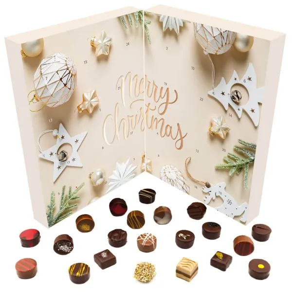 White Christmas (Buch-Karton) - Veganer Adventskalender Pralinen Geschenk handmade teils mit Alkohol aus Schokolade vegan (300g)