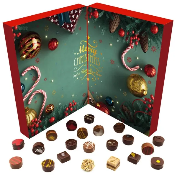 Sweet Christmas (Buch-Karton) - Veganer Adventskalender Pralinen Geschenk handmade teils mit Alkohol aus Schokolade vegan (300g)