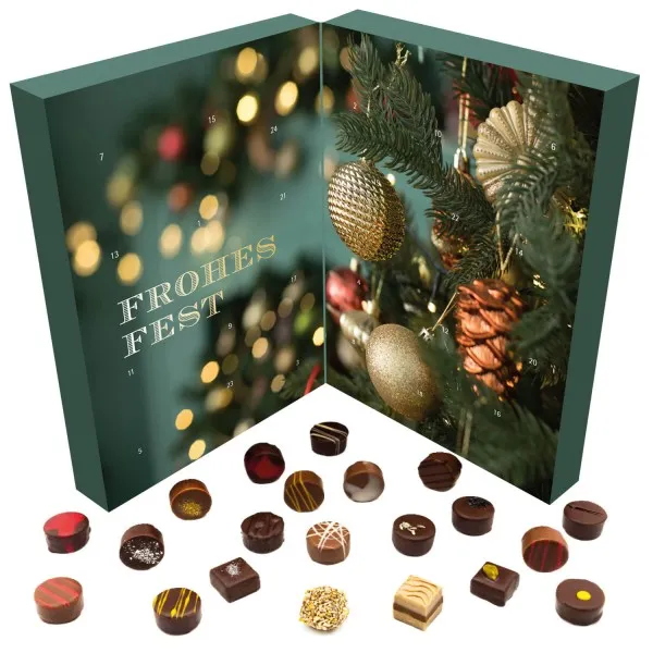 Weihnachtsstimmung (Buch-Karton) - Veganer Adventskalender Pralinen Geschenk handmade teils mit Alkohol aus Schokolade vegan (300g)