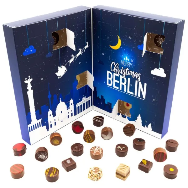 Berlin (Buch-Karton) - Adventskalender Pralinen Geschenk handmade teils mit Alkohol aus Edelkakao Schokolade (300g)