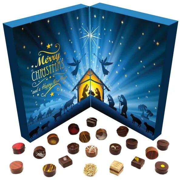 Heiligabend (Buch-Karton) - Adventskalender Pralinen Geschenk handmade ohne Alkohol aus Edelkakao Schokolade (300g)