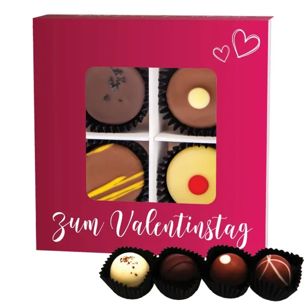 Zum Valentinstag - pink (Pralinenbox) - Valentinstag Manufaktur Pralinen Geschenk handmade teils mit Alkohol aus Edelkakao Schokolade (48g)