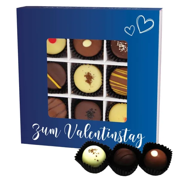 Zum Valentinstag - blue L (Pralinenbox) - Valentinstag Manufaktur Pralinen Geschenk handmade teils mit Alkohol aus Edelkakao Schokolade (108g)