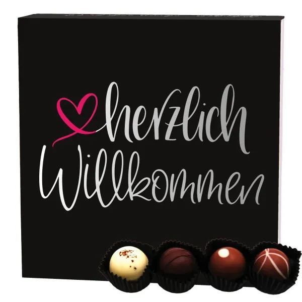 Herzlich Willkommen (Pralinenbox) - Manufaktur Pralinen Geschenk handmade ohne Alkohol aus Edelkakao Schokolade (48g)