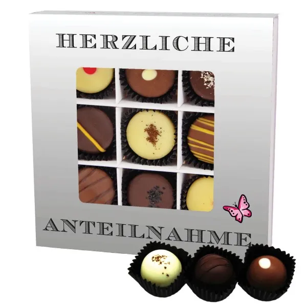 Herzliche Anteilnahme L (Pralinenbox) - Manufaktur Pralinen Geschenk handmade teils mit Alkohol aus Edelkakao Schokolade (108g)