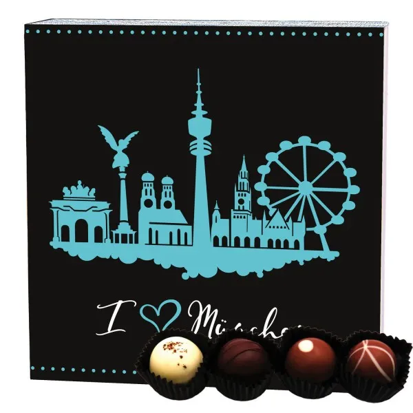 I love München (Pralinenbox) - Manufaktur Pralinen Geschenk handmade ohne Alkohol aus Edelkakao Schokolade (48g)